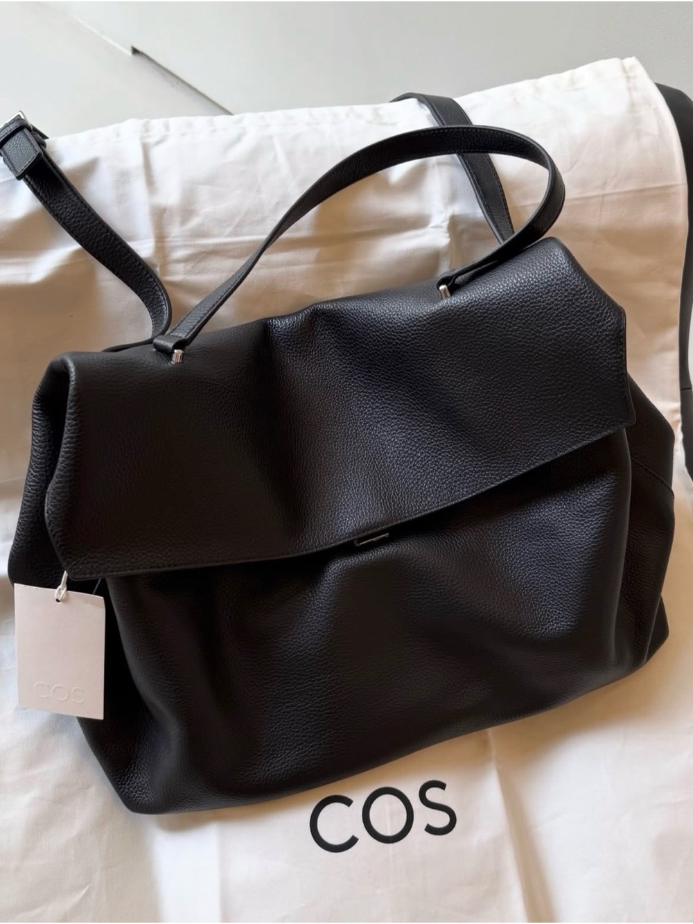 COS Black Pebbled Leather Fold-Over Shoulder Bag